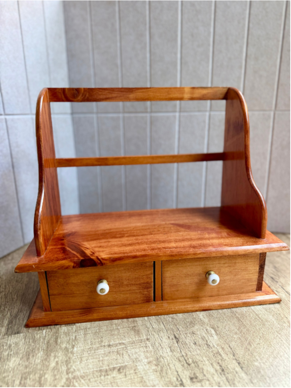 Vintage Wooden Spice Rack Wall Shelf 2 Drawers Porcelain Knobs